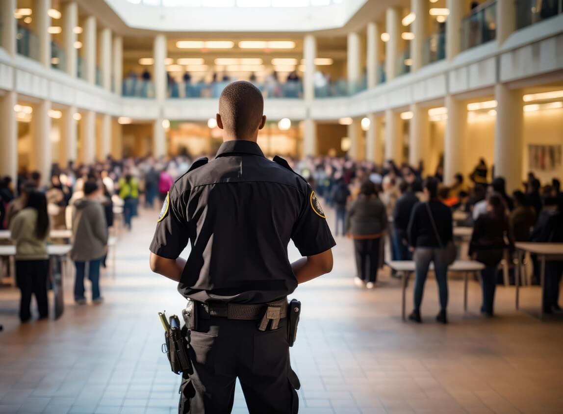 security guard facing away overlooking people in an atrium