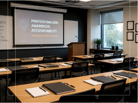 Prepared classroom for security training course with projection screen and desks