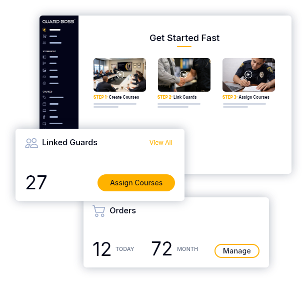 collage of welcome dashboard, guard linking, and order management interface elements