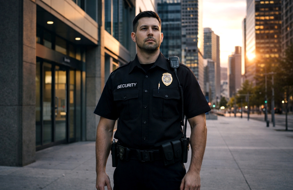 security guard in uniform standing on city sidewalk