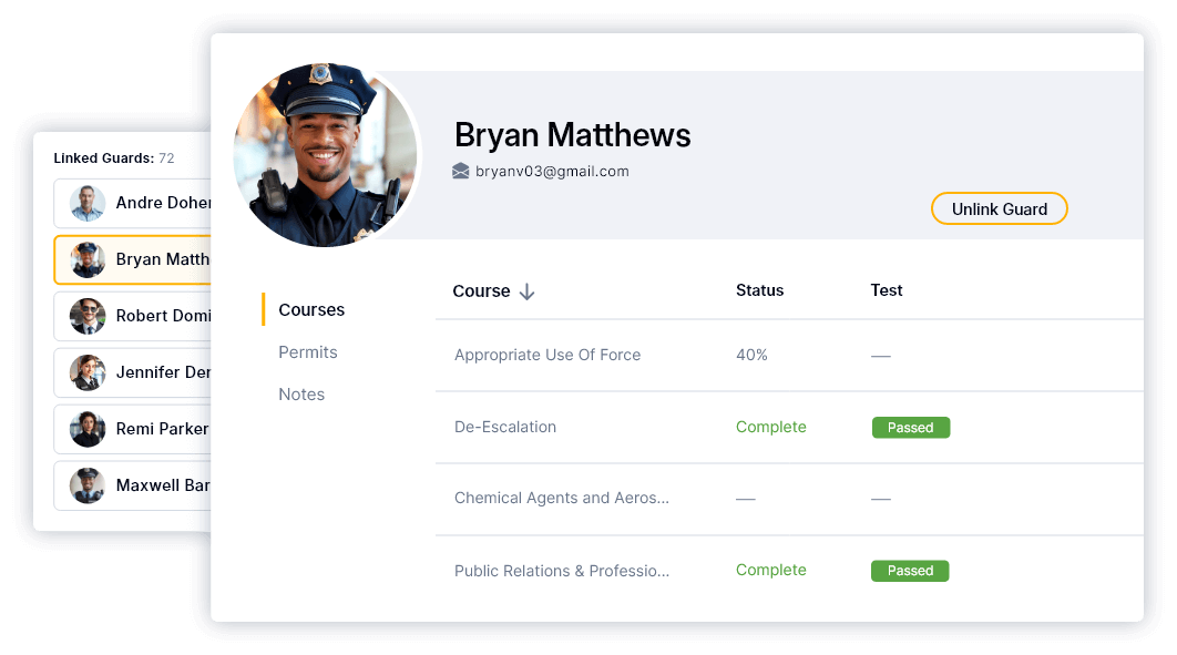 screenshots of guard management user interface
