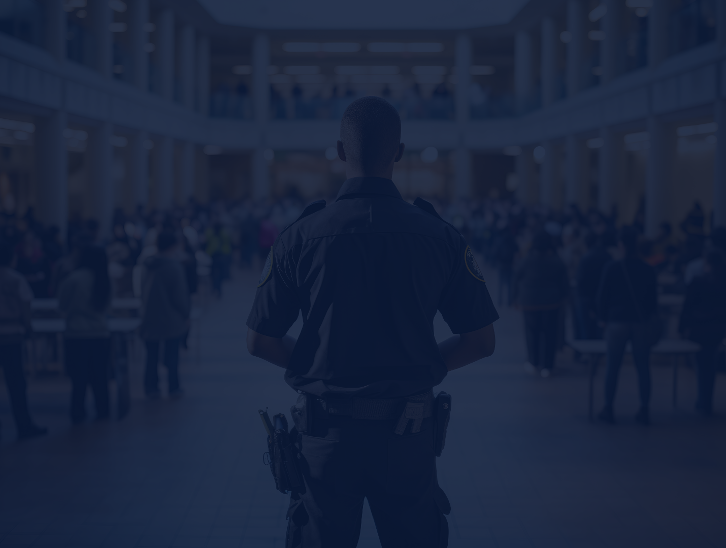 security guard surveying mall food court