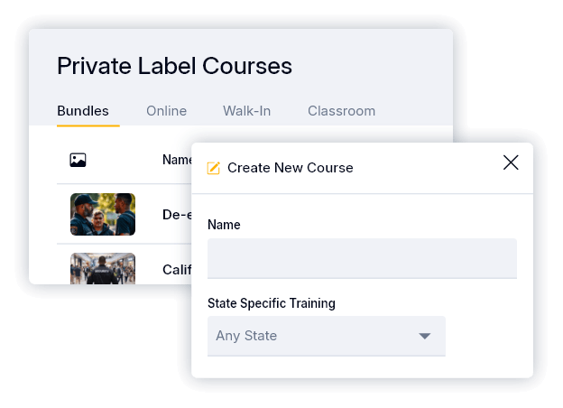 screenshots of course creation and Private Label course selection ui elements