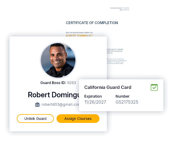 screenshots of license and permit management and a sample training certificate