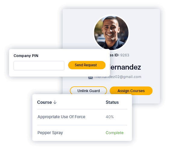 screenshots of guard linking and course progression interface elements