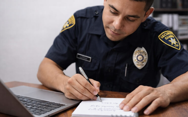company owner at a desk writing on a pad of paper