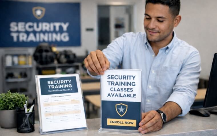 training facility owner setting up display for courses