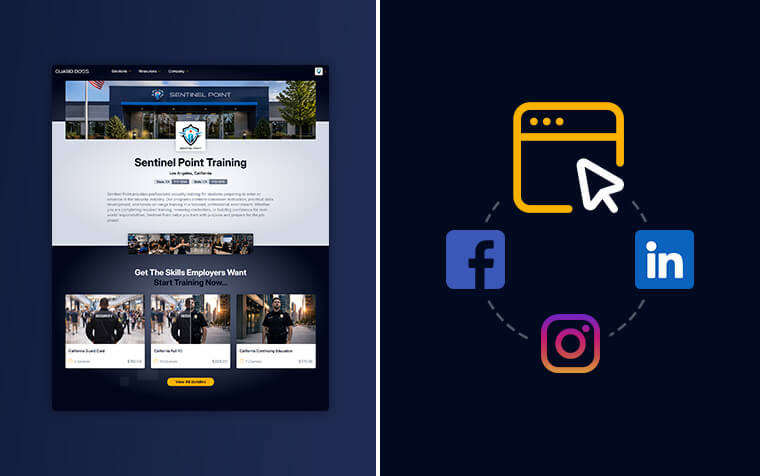 graphic showing website and social media icons linking to a Guard Boss storefront