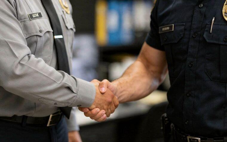 two security professionals shaking hands