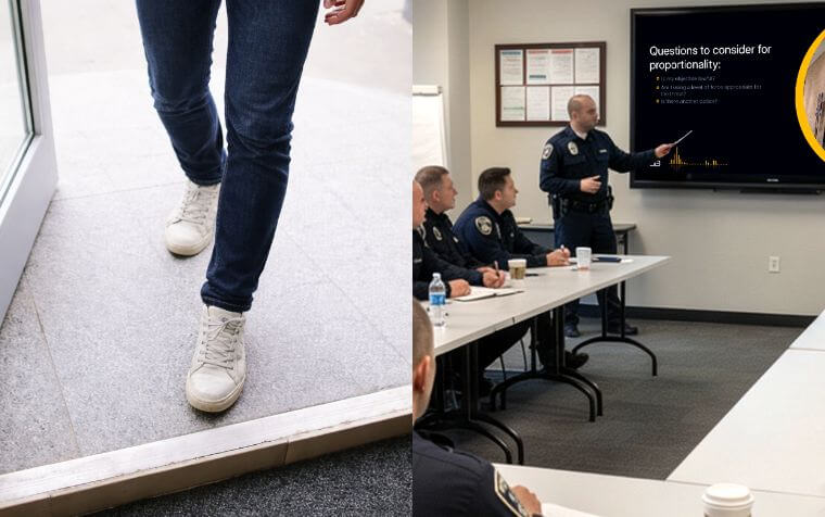 split image with feet walking in a door on the left and a classroom on the right